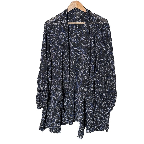 Investments Sheer blue black Plus Size Cardigan 3/4 sleeve artsy‎ geometric 2X - Picture 1 of 7